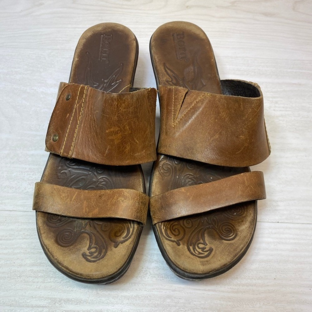 Born Womens 10 Wedge Sandals Slide Brown Leather Handcrafted Boho D19216 Comfort